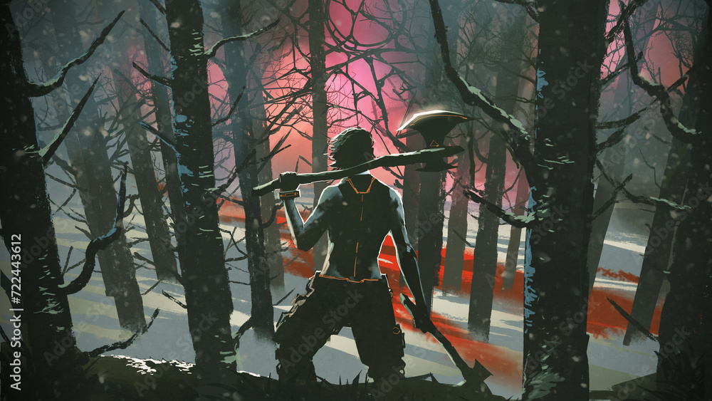 A man holding axes looking at the red light deep in the forest, digital art style, illustration painting - obrazy, fototapety, plakaty 