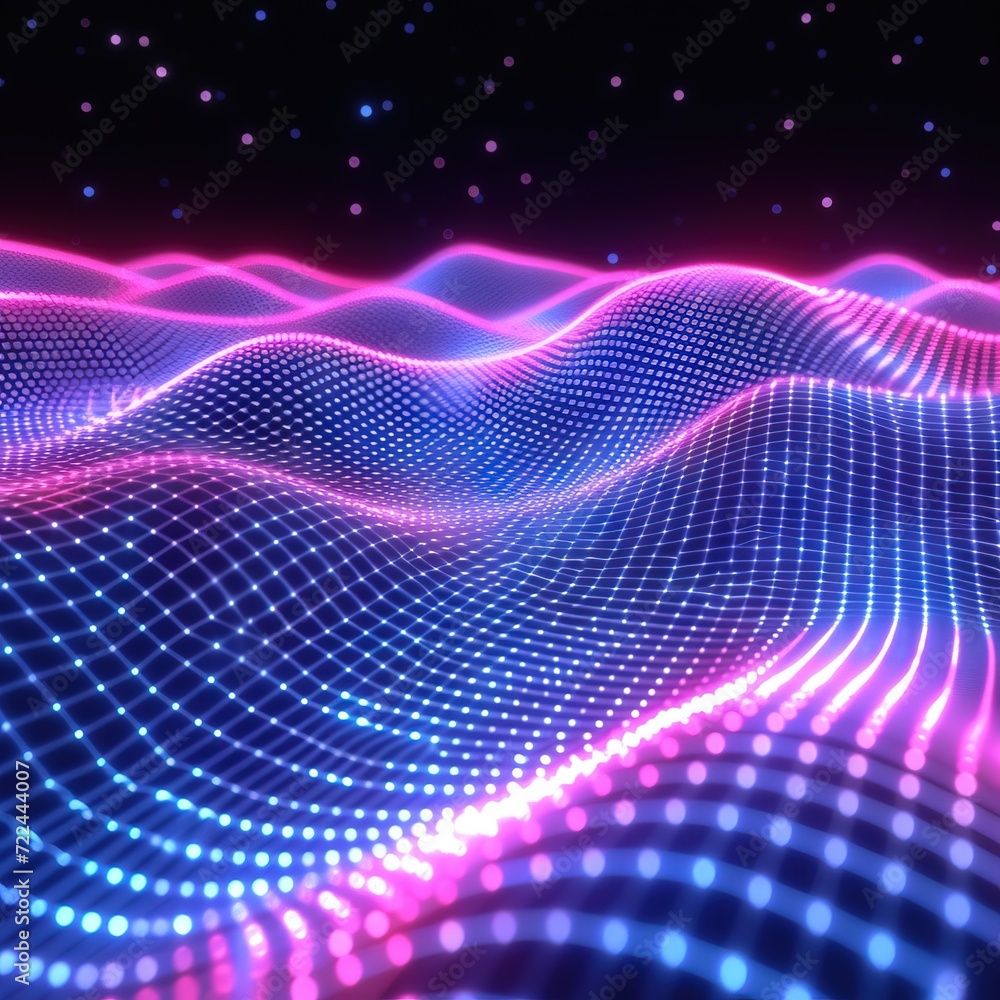 Obraz premium Abstract wave made out of grids that are seen from a cinematic view of one of the holy geometry shapes, the shape is clearly animated, clear neon lines, 3d render, nothingness.