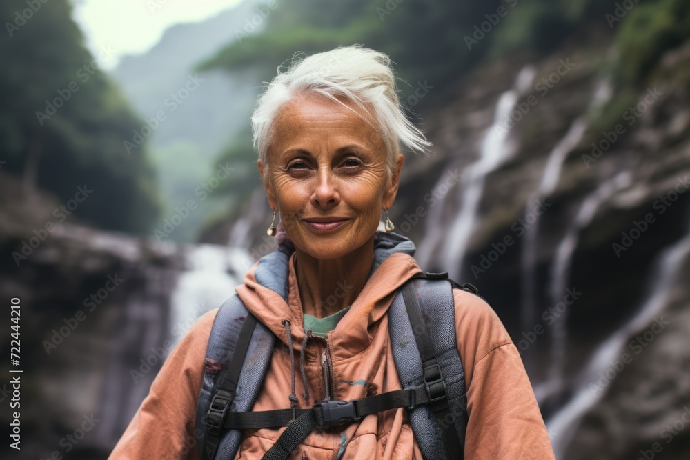 a old woman with gray hair in a vest with a backpack against the backdrop of a waterfall. active old age, travel. vacation
