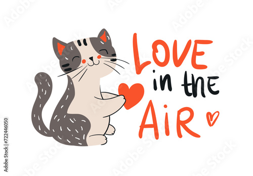 Character design cute cartoon cat with little heart for Valentine day. Doodle cartoon style. Hand drawn vector illustration