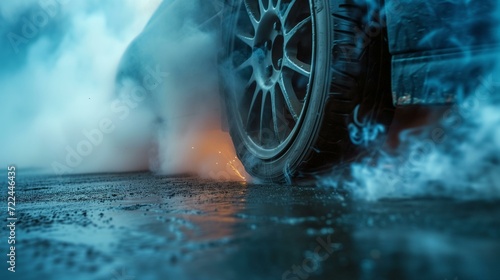High-speed car tire drift with dynamic smoke and water spray on a wet asphalt road photo