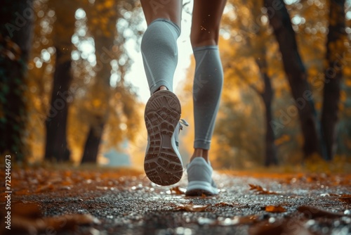 Jogging in an autumn park, athletic legs in sneakers close up, low angle. Concepts: sports, healthy lifestyle, strength, endurance, beautiful body, sports shoes, active recreation