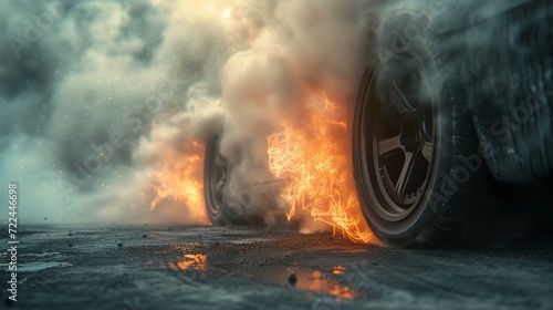  Intense tire burnout with fiery sparks and smoke.