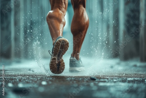 Strong athletic dark-skinned legs in sneakers running on the asphalt during the rain. Concepts: sports, healthy lifestyle, strength, endurance, beautiful body, sports shoes, active recreation photo