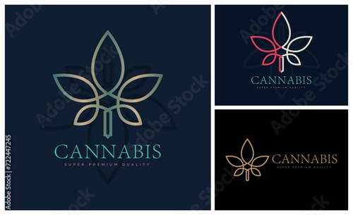 Cannabis marijuana cbd hemp leaf line style luxury logo design template photo