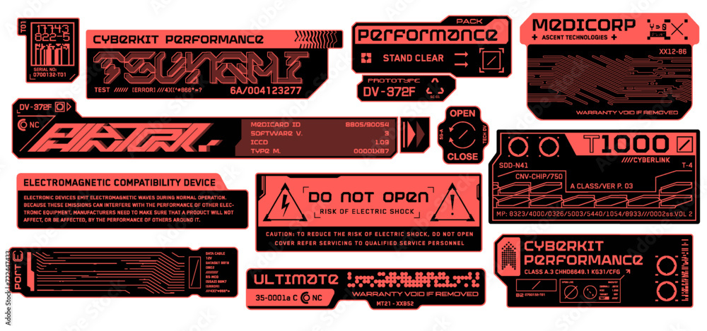 Fototapeta premium Cyberpunk decals set. Set of vector stickers and labels in futuristic mecha style. Sci-fi Inscriptions and symbols, Mechsuit font.