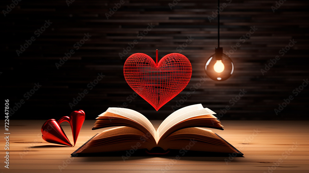 3D heart on book, romance literature 3D heart on book, romance literature