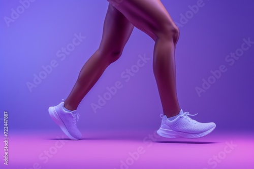 Athletic legs in white sneakers on violet background. Concepts: sports, healthy lifestyle, strength, endurance, beautiful body, sports shoes, active recreation