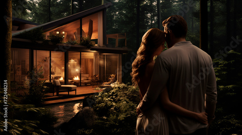 Loving couple in a forest cabin