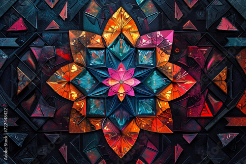 symphony of geometric patterns emerges from the depths of darkness, like a mesmerizing dance of light and shadow.