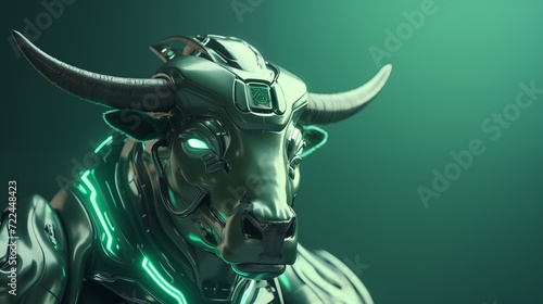 A brutal steel bull robot with glowing eyes, a symbol of an upward trend in the economy, business growth. © Ирина Горбунова