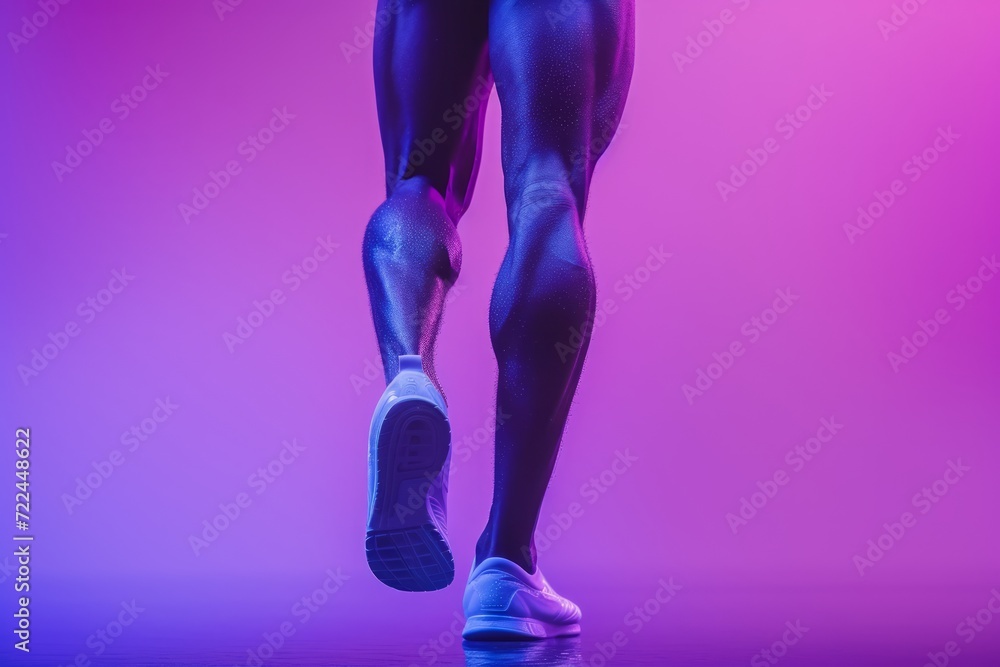 Athletic legs in sneakers on violet background. Concepts: sports, healthy lifestyle, strength, endurance, beautiful body, sports shoes, active recreation Athletic legs in sneakers on violet background. Concepts: sports, healthy lifestyle, strength, endurance, beautiful body, sports shoes, active recreation