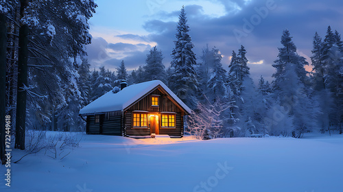 A picturesque cozy cabin nestled in a enchanting snowy wonderland, emanating a captivating warm glow from its cheery windows. © Nijat