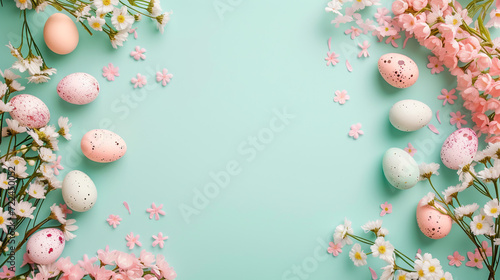 Easter banner with a frame of flowers and colored eggs. The concept of Easter holidays