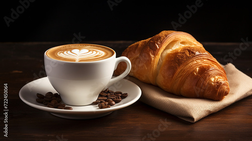 A cup of cappuccino with an appetizing croissant on a dark background