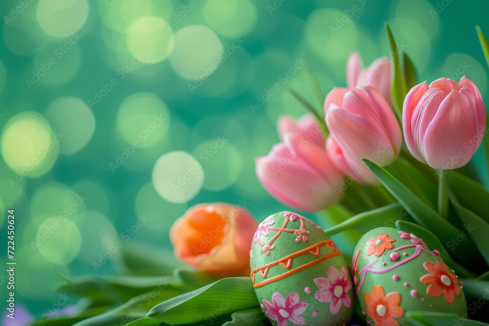 Easter Springtime Bloom. Easter eggs and tulips on green. Easter Springtime Bloom. Easter eggs and tulips on green.