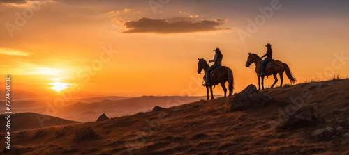 Two women riding into the sunset on horses in the desert mountains