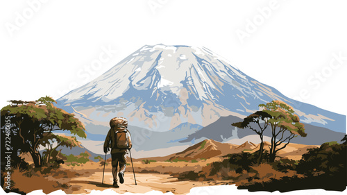 Vector illustration of a hiker with a big mountain in front  adventure travel concept.