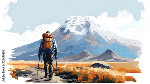 Vector illustration of a hiker with a big mountain in front, adventure travel concept.