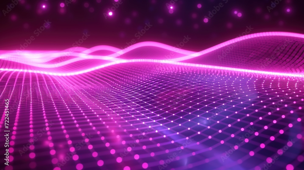 Obraz premium Abstract wave made out of grids that are seen from a cinematic view of one of the holy geometry shapes, the shape is clearly animated, clear neon lines, 3d render, nothingness. Wallpaper, pattern.