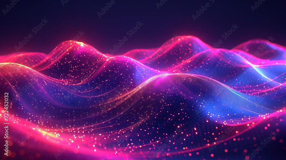 Obraz premium Abstract wave made out of grids that are seen from a cinematic view of one of the holy geometry shapes, the shape is clearly animated, clear neon lines, 3d render, nothingness. Wallpaper, pattern.