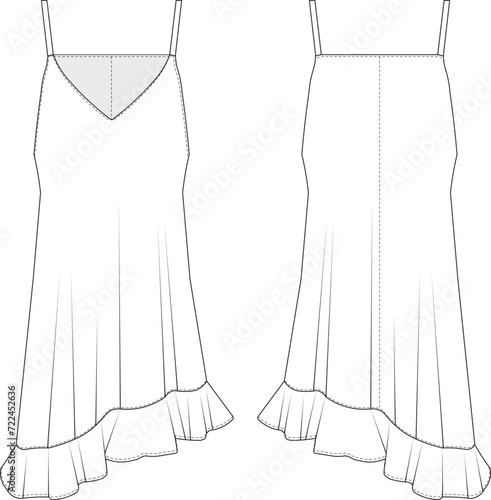 shoulder straps strappy  sleeveless ruffled asymmetric hem v neck short dress template technical drawing flat sketch cad mockup fashion woman design style model