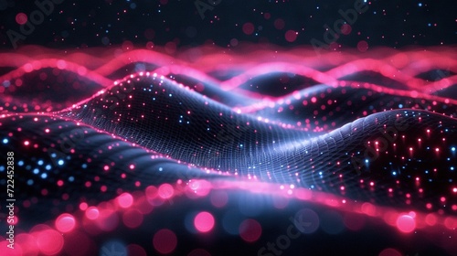 Abstract wave made out of grids that are seen from a cinematic view of one of the holy geometry shapes, the shape is clearly animated, clear neon lines, 3d render, nothingness. Wallpaper, pattern.