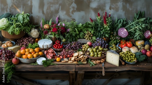rustic wooden table adorned with a bountiful spread of farm-fresh vegetables, fruits, and artisanal cheeses
