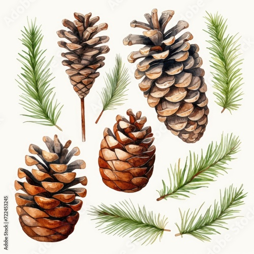  Watercolor pine cones set
