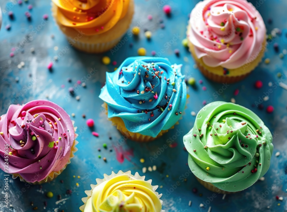 Colorful cupcakes topped with a generous swirl of vibrantly colored icing. Adorned with multicolored sprinkles, exude a festive and indulgent atmosphere. Colorful cupcakes topped with a generous swirl of vibrantly colored icing. Adorned with multicolored sprinkles, exude a festive and indulgent atmosphere.
