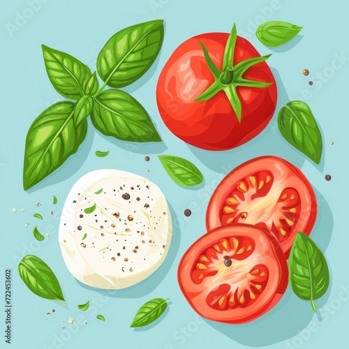 fresh tomato, basil and mozzarella with green leaves hand drawn illustration