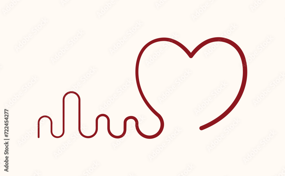 Heart with wavy cardiogram in linear style. Isolated drawing of a heart, symbolic representation of heartbeat. Simple line art, vector illustration.