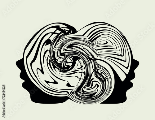 Mental disorder, psychological crisis in relationships. Two people connected through their minds, confused thoughts. Concept of painful relationships, dual consciousness. Vector graphic illustration.