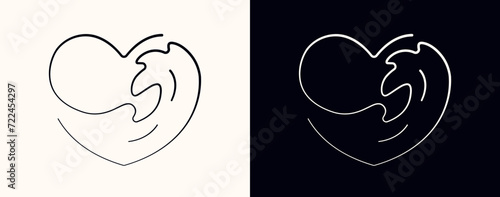 Linear heart with an inscribed sea wave. The concept of love for the sea, ocean. Minimalist graphic symbol, line art sign for logo design, emblem, etc. Vector graphic illustration.