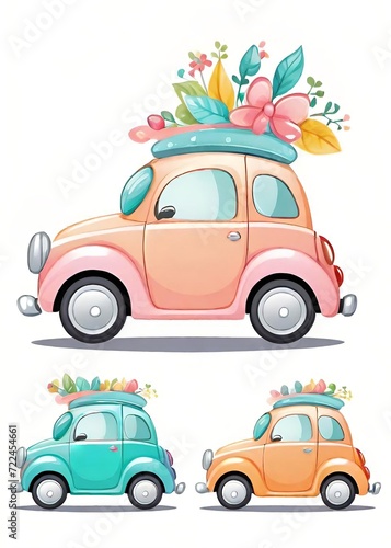 A collection of three small charming cars in cartoon style on a white background. Each car is equipped with a storage box on the roof  overflowing with a variety of flowers and greenery.