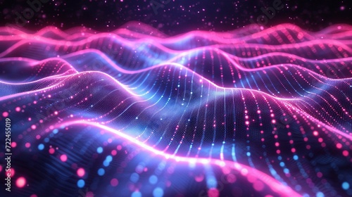 Abstract wave made out of grids that are seen from a cinematic view of one of the holy geometry shapes  the shape is clearly animated  clear neon lines  3d render  nothingness. Wallpaper  pattern.
