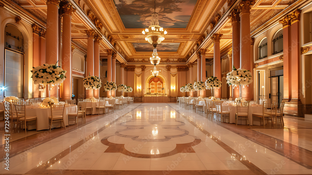 Step into the enchantment of a grand ballroom, adorned with exquisite, elegant decorations. The dance floor awaits, beckoning you to twirl and sway amidst the magic and glamour.