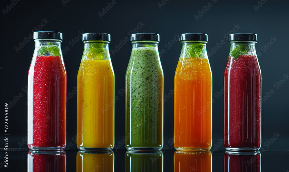 variety of colorful smoothies in clear bottles with reflections variety of colorful smoothies in clear bottles with reflections