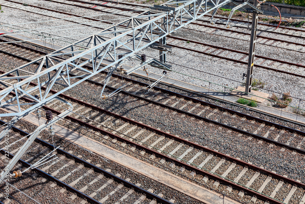 Railway tracks with rails and steel supports, view from above Railway tracks with rails and steel supports, view from above