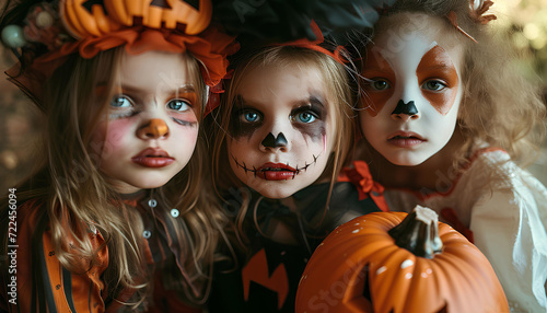 little girls with halloween make up, children celebrating hallow © Oleksiy