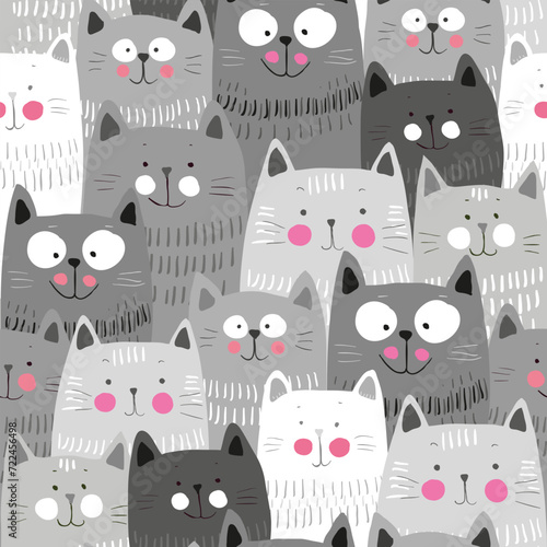 Cute cats, colorful seamless pattern background with cats, hand drawn pattern