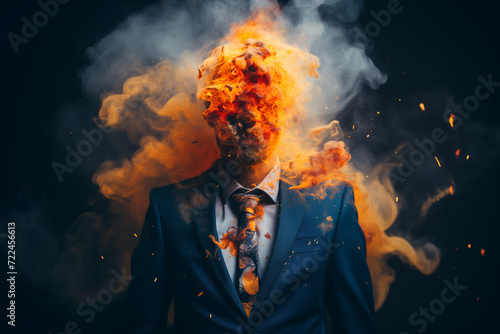 A businessman on a black background with his face on fire.