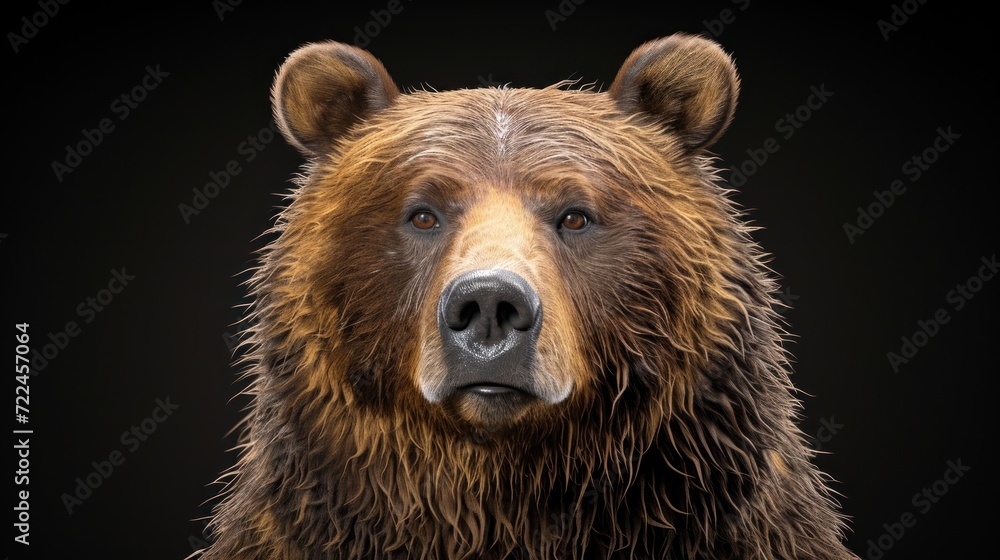 a close - up of a brown bear's face on a black background with water droplets on its fur. a close - up of a brown bear's face on a black background with water droplets on its fur.