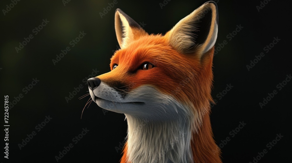 Obraz premium a close up of a fox's face on a black background with a blurry image of the fox's head.