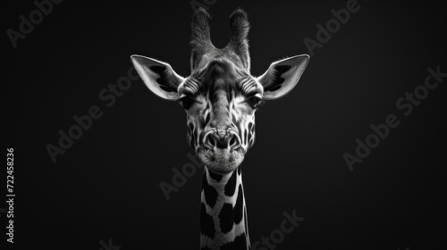  a black and white photo of a giraffe s head with its eyes wide open in the dark.