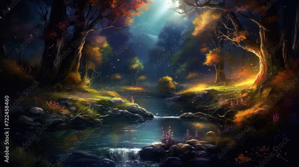 Enchanted forest scene with mystical river at twilight. Fantasy and imagination.