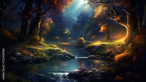 Enchanted forest scene with mystical river at twilight. Fantasy and imagination. © Postproduction