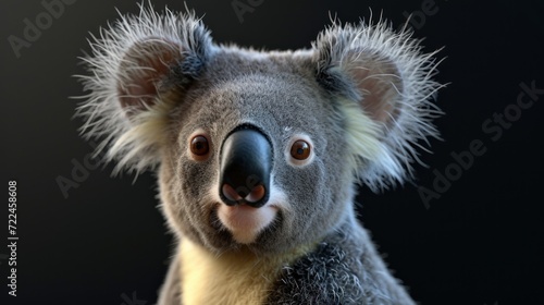  a close - up of a koala's face, with its hair blowing in the wind, against a black background.