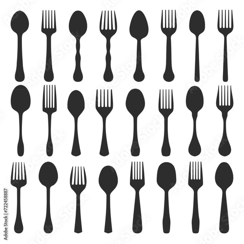 Fork and spoon,set of black illustration of various eating utensil.