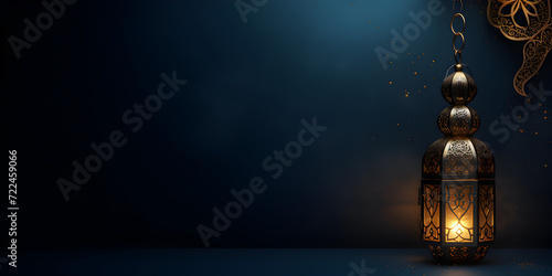 Dark blue abstract ramadan celebration background with golden lantern 